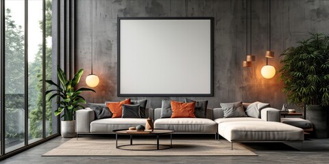 Cozy living room with modern furniture and a large blank frame on the wall.