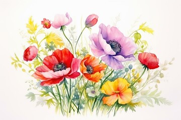 Colorful watercolor flowers on white background: peonies, poppies, summer painting. Generative AI