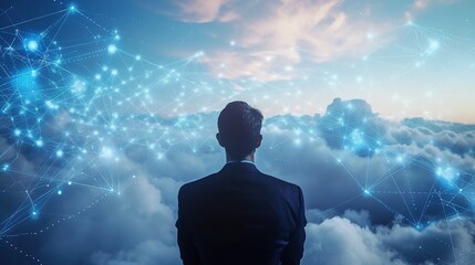 Businessman looking at network in sky