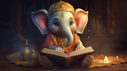 Cute cartoon baby Lord Ganesha reading a big magic book. - obrazy, fototapety, plakaty