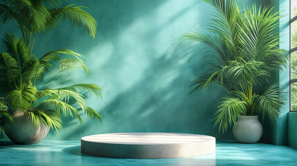 Fototapeta na wymiar Product display podium decorated with tropical palm leaves on an aqua blue background