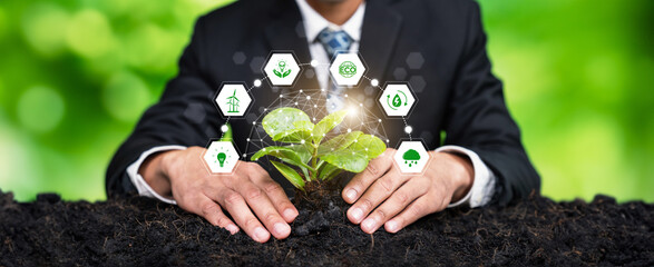 Businessman nurturing plant with eco design icon symbolize commitment to environmental business,...