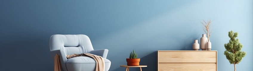 Elegant modern living room interior design with fluffy armchair, pouf, wooden commode, mock up poster frame and modern home accessories. Blue wall. Template. Copy space.