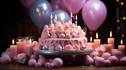 A two-tiered vanilla cake adorned with pink frosting and ten candles, set against a backdrop of balloons in various shades