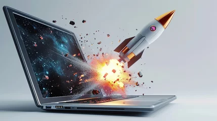 Deurstickers Rocket with a cloud of smoke and blast takes off from a laptop. Successful business project concept. © Mas