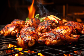 Delicious of baked bbq chicken legs on grilled flaming charcoal grill AI Generation