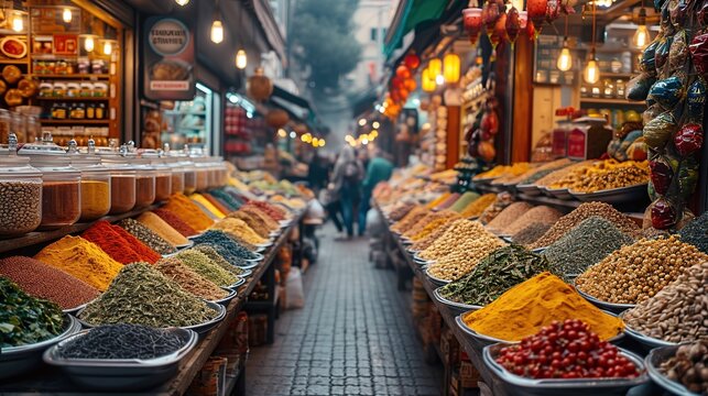 blurred image of traditional market with aromatic spices and exotic flavors, creating a sensory and cultural atmosphere