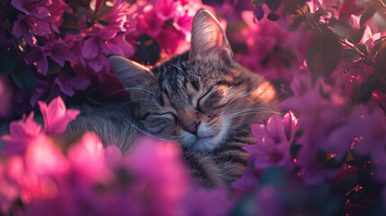 Slumbering cat in blossom haven - obrazy, fototapety, plakaty