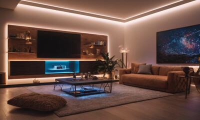 Gaming room with RGB lights and luxury furniture, minimalist inspiration