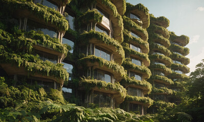 Fototapeta premium Sci-fi futuristic brutalist architecture style building structure with honeycomb pattern and lush vegetation façade