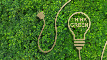 Think Green Ecology concept. Paper cut Think Green light bulb nature on green leaf with icons energy sources for renewable, sustainable development.
