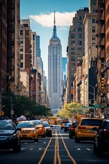 Fototapeta premium Crowded city street with financial district skyscrapers in the background, Generative AI