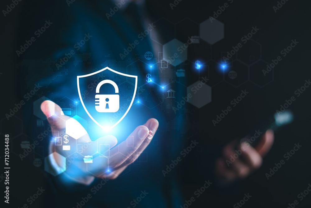 Poster cyber secure concept. digital information network protect by firewall. user privacy secure, data, in