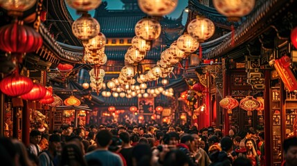 A vibrant scene of a street festival with red lanterns in a busy traditional Chinese New Year...