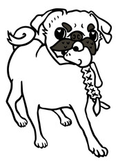 Black pug with a frog toy in its mouth, Line drawing illustration, Vector
