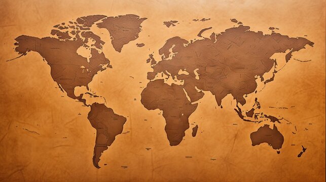 Old map of the world on a old brown paper background. Vintage style.