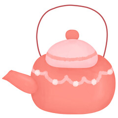 Pink color kitchen teapot. watercolor style. isolated on transparent background
