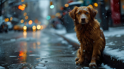 Adorable dog on snowy Christmas City evening street festive winter holiday Background.