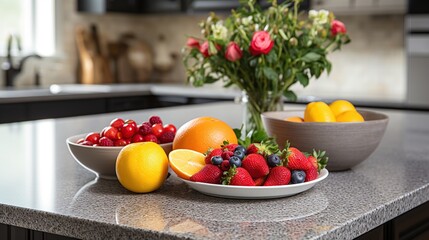 Short of fresh fruits on granite table in kitchen at home. Healthy lifestyle, healthy food and diet concepts.