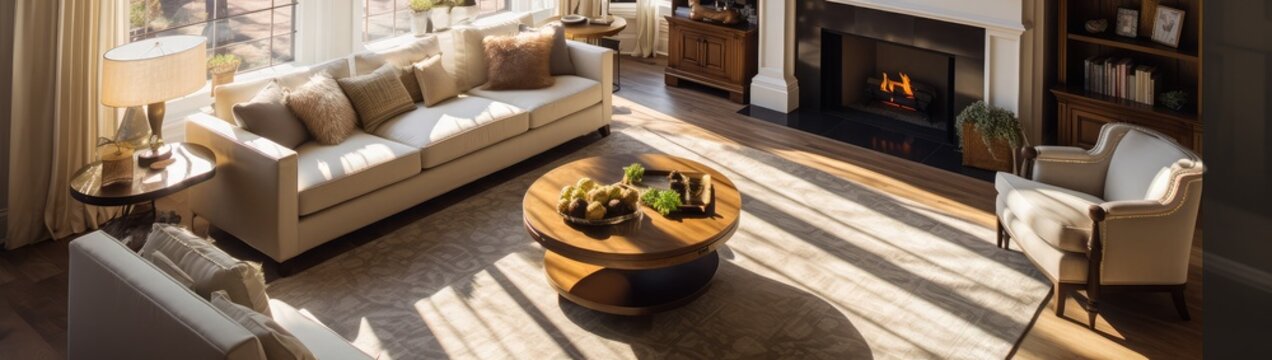 High Angle View Of Living Room With Comfortable Sofas And Coffee Table Arranged In Front Of Fireplace And Next To Large Window