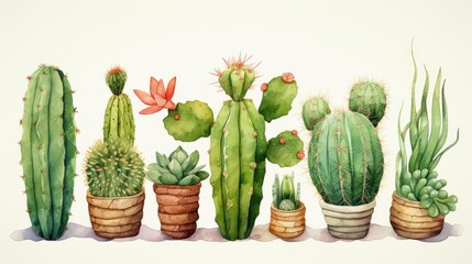 A watercolor style, minimal cartoon illustration of different cactuses, green, craft paper.