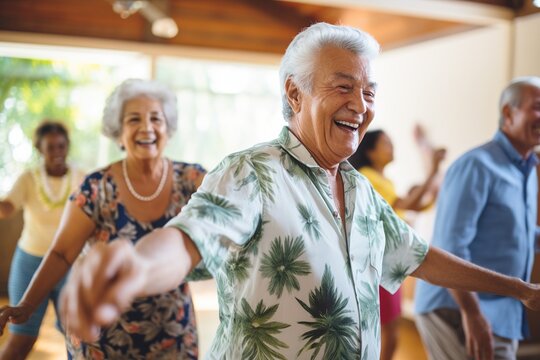 Diverse elderly people dancing happily in a group
