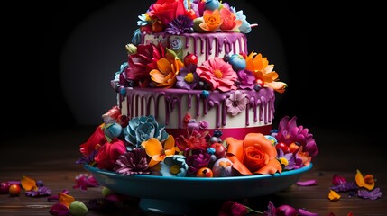 A vibrant fiesta-themed cake with layers resembling colorful pinatas, adorned with edible confetti and sugar cacti decorations
