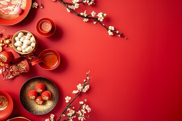 Minimalist red background flatlay with Chinese Lunar New Year elements with space for copy. An aerial top view shot capturing the arrangement decoration for the Chinese New Year holiday background.