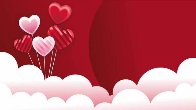 Valentine's motion animation video of flying heart balloons and clouds