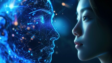 Fototapeta premium Robotics or ai artificial intelligence connecting interaction with human.Chat bot software network.big data and transfer protocol system.Neuralink with smart brain.ai generative technology