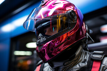 Racing driver in helmet and protective suit ready to win the race. Racing driver in a simulator