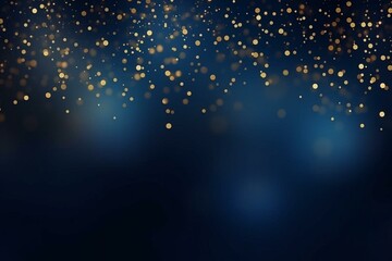 Dark blue banner with golden sparkles, blurred glitter texture on an empty bokeh background. Night party template with abstract festive pattern. Generative AI