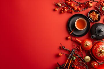 Minimalist red background flatlay with Chinese Lunar New Year elements with space for copy. An aerial top view shot capturing the arrangement decoration for the Chinese New Year holiday background.