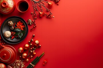 Minimalist red background flatlay with Chinese Lunar New Year elements with space for copy. An aerial top view shot capturing the arrangement decoration for the Chinese New Year holiday background.