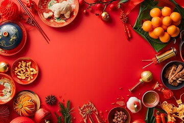 Minimalist red background flatlay with Chinese Lunar New Year elements with space for copy. An aerial top view shot capturing the arrangement decoration for the Chinese New Year holiday background. - obrazy, fototapety, plakaty