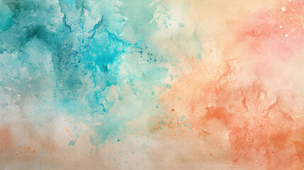 Abstract watercolor background on canvas with a dynamic mix of turquoise, peach and sand colors