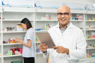 Professional asian man pharmacist checks inventory arrangement of medicine in pharmacy drugstore. Male Pharmacist wearing uniform standing near drugs shelves counter prescription to customers