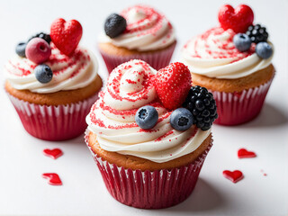 Cupcakes with Cream, Berries, and Heart Decorations.