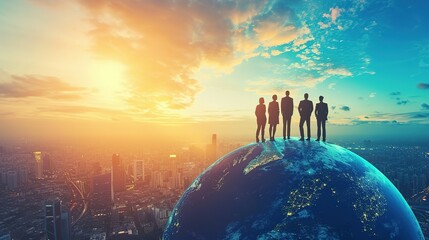 A team of business leaders atop a detailed globe, scanning the skyline, embodying global objectives - obrazy, fototapety, plakaty