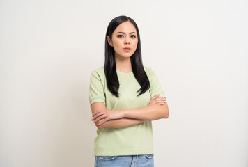 Beautiful smiling happy young asian woman age around 25 in green shirt. Charming female lady...