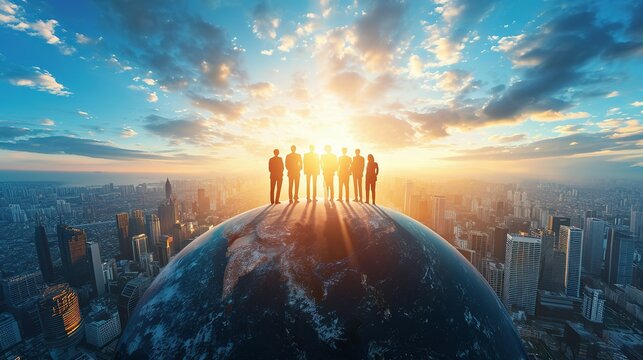 A team of business leaders atop a detailed globe, scanning the skyline, embodying global objectives