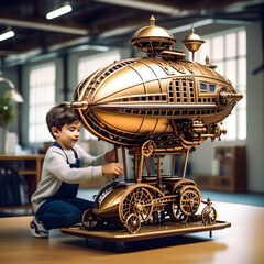 Fototapeta na wymiar A kid plays with the mechanical hyper-realistic miniaturized model of a steampunk airship.