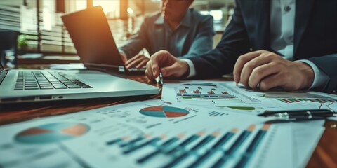 Business professionals analyzing financial data with charts and laptop.