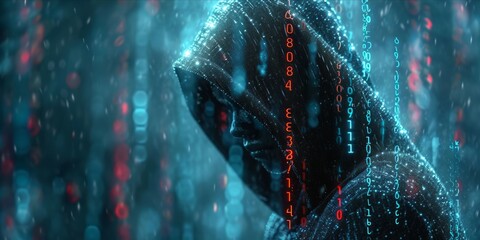 An abstract representation of digital data encryption with a hooded figure and binary code. - obrazy, fototapety, plakaty
