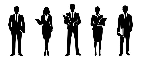 Standing businessman and woman with file silhouette black filled vector Illustration icon