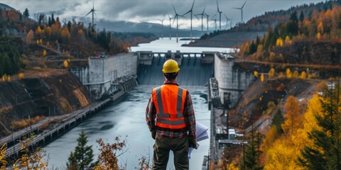 An engineer in a reflective vest looking over a hydroelectric dam with wind turbines in the...