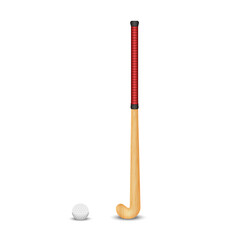 The wooden stick and ball for the game of field hockey, realistic 3D vector models sports objects isolated on white background, a set of sports equipment for field hockey.