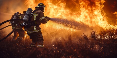 Fototapeta premium Firefighters in action battling a fierce blaze.
