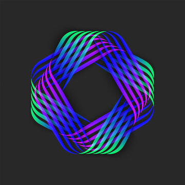 Fractal pattern logo from thin intertwined parallel lines, two squares overlapping geometric shape, intersection linear structure.