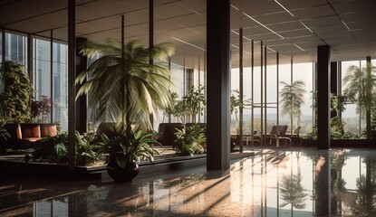 Fototapeta na wymiar Modern Office Lobby Interior With Plants